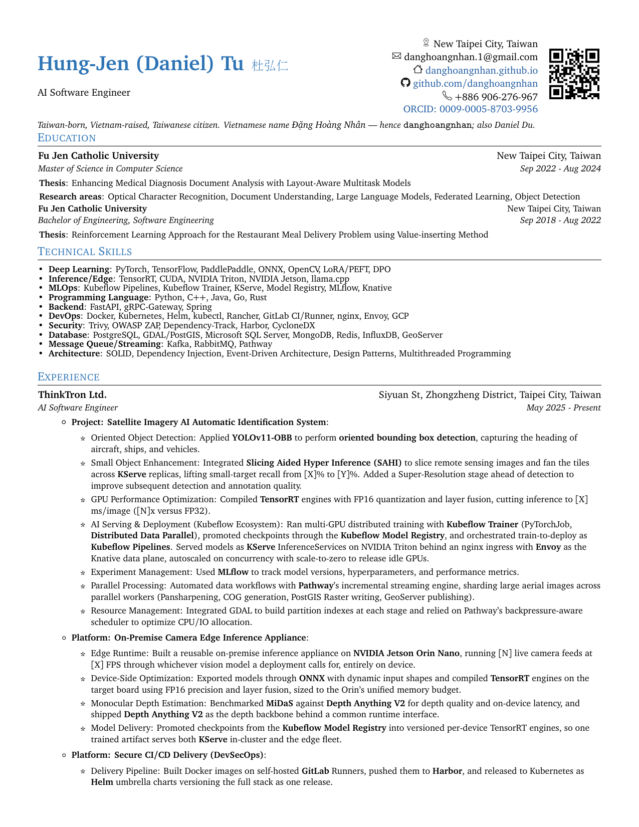 Résumé of Hung-Jen (Daniel) Tu — tap to open the full PDF